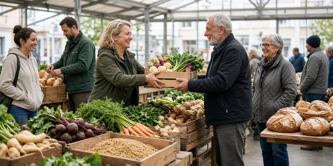 Menschen reichen sich in einer genossenschaftlichen Markthalle frisches Gemüse weiter